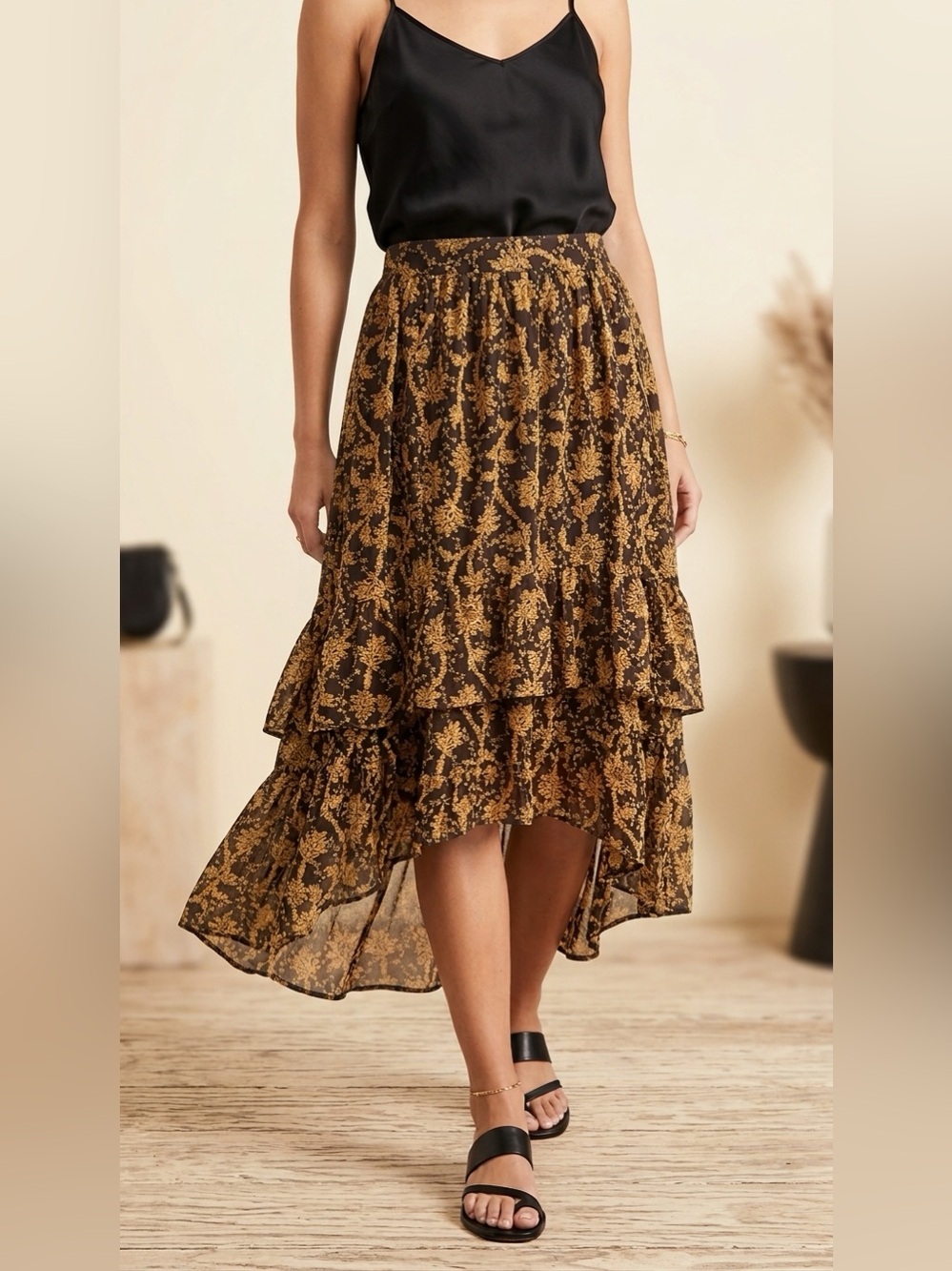 NEW Floral Tiered High-Low Midi Skirt Yellow Brown Ruffle Bohemian
